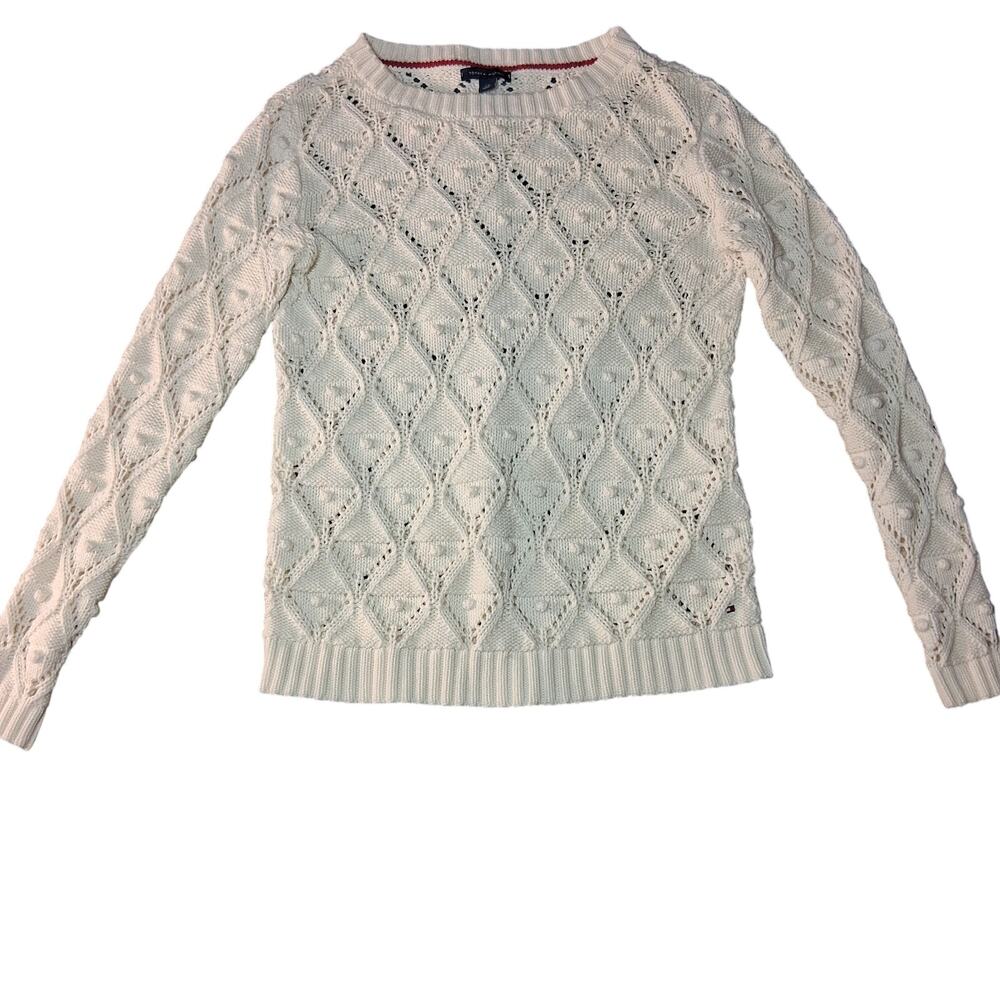 Tommy Hilfiger White Knit Sweater Light Academia Size Small Diamond Pattern